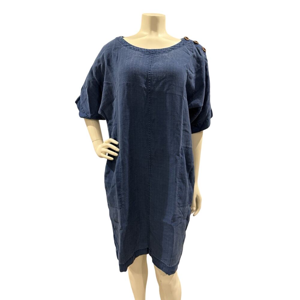 PURE JILL Indigo Tencel Lyocell V-Neck Button Shoulder Shift Dress Size Small